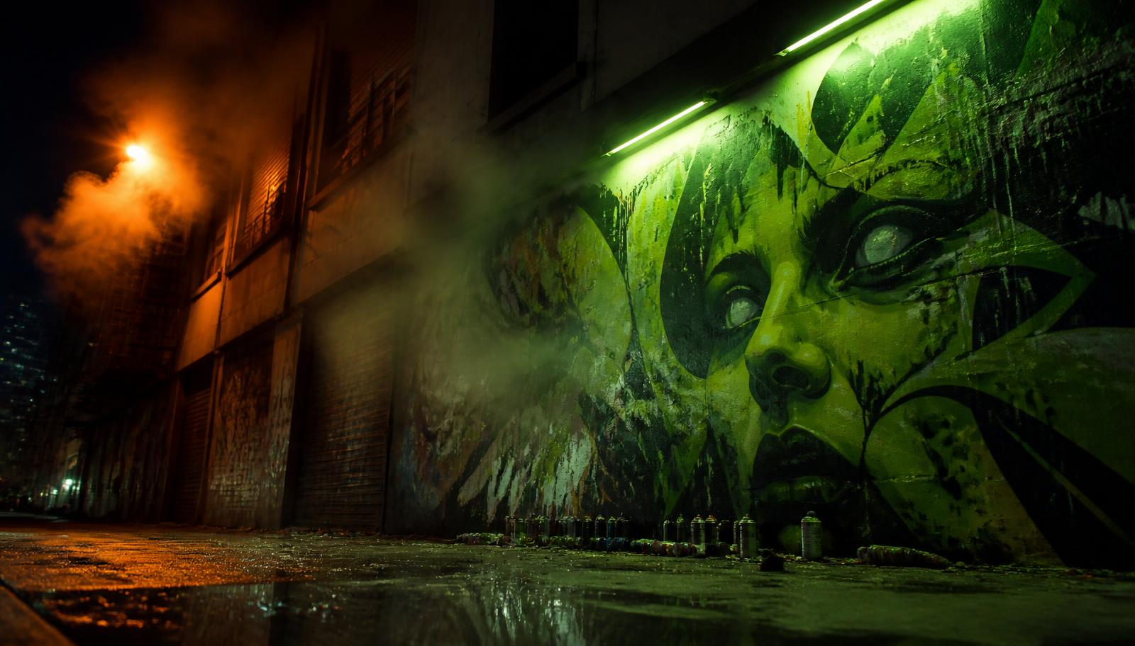 Neon-lit graffiti alley representing the Junkie Hood collection